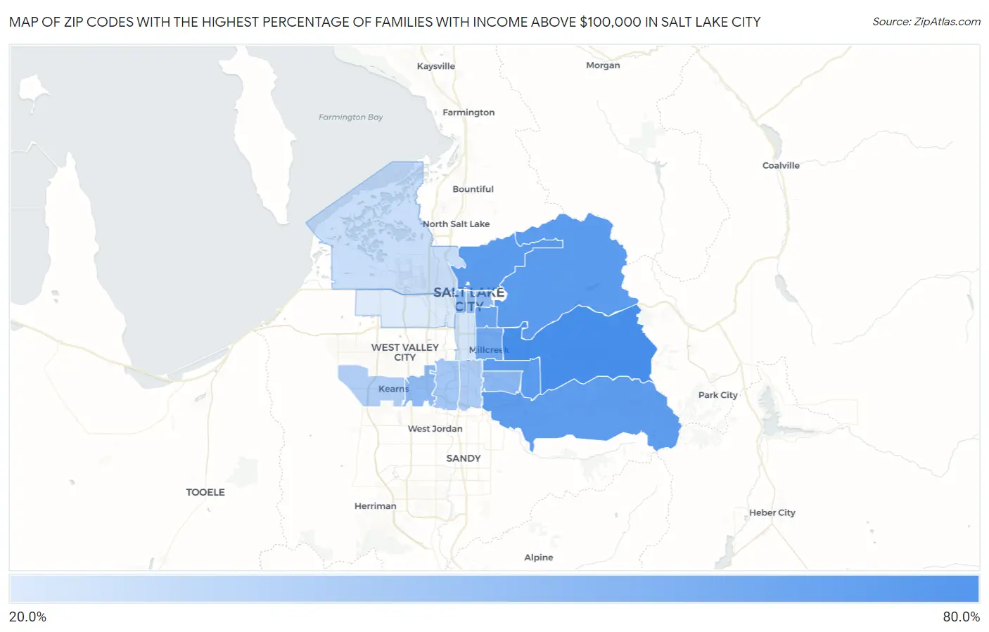 Zip Codes with the Highest Percentage of Families with Income Above $100,000 in Salt Lake City Map