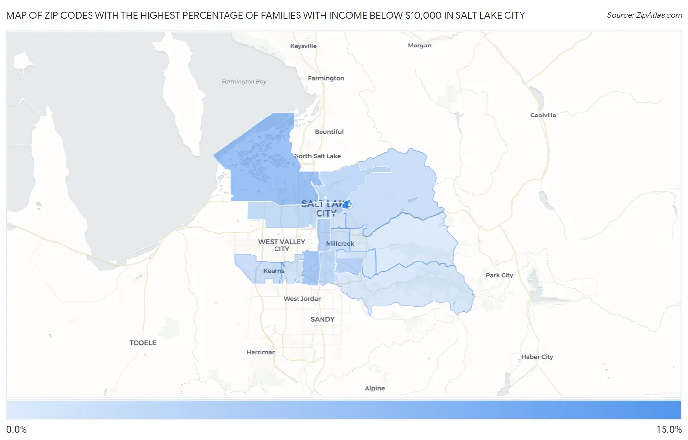 Zip Codes with the Highest Percentage of Families with Income Below $10,000 in Salt Lake City Map