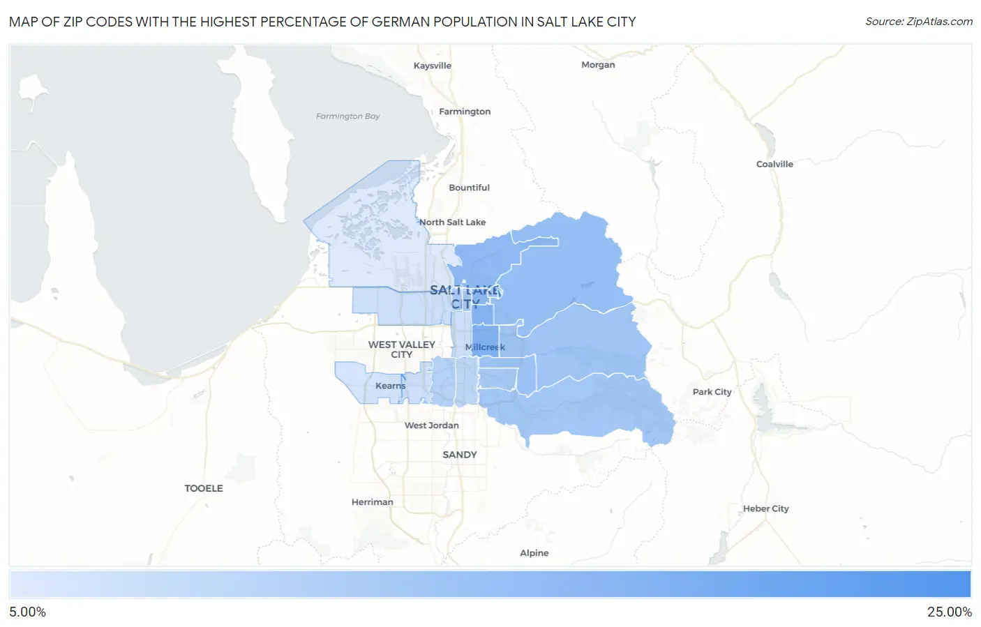 Zip Codes with the Highest Percentage of German Population in Salt Lake City Map