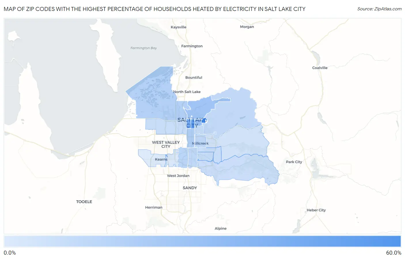 Zip Codes with the Highest Percentage of Households Heated by Electricity in Salt Lake City Map