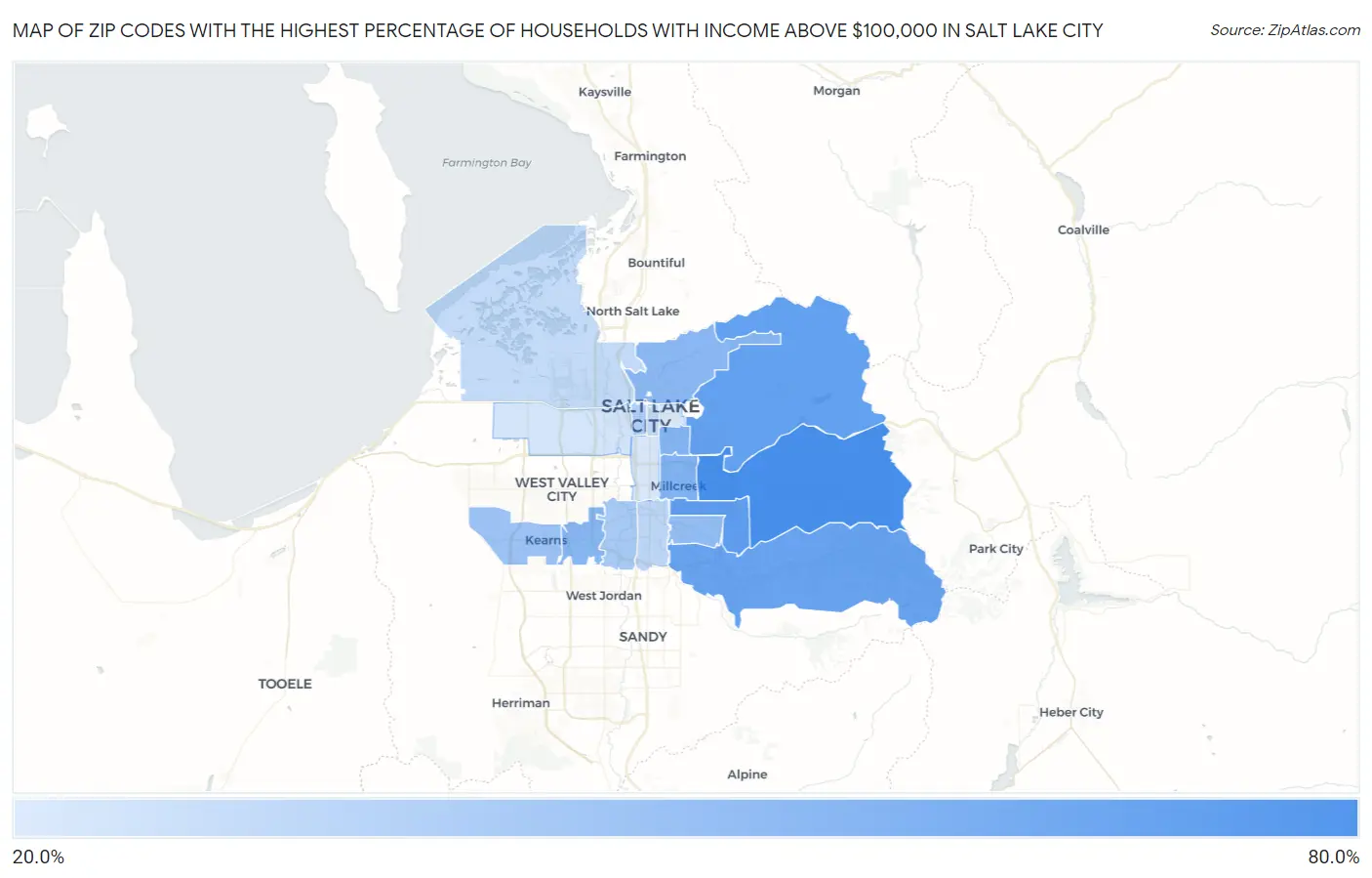 Zip Codes with the Highest Percentage of Households with Income Above $100,000 in Salt Lake City Map