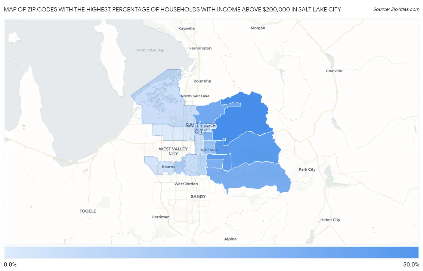 Zip Codes with the Highest Percentage of Households with Income Above $200,000 in Salt Lake City Map