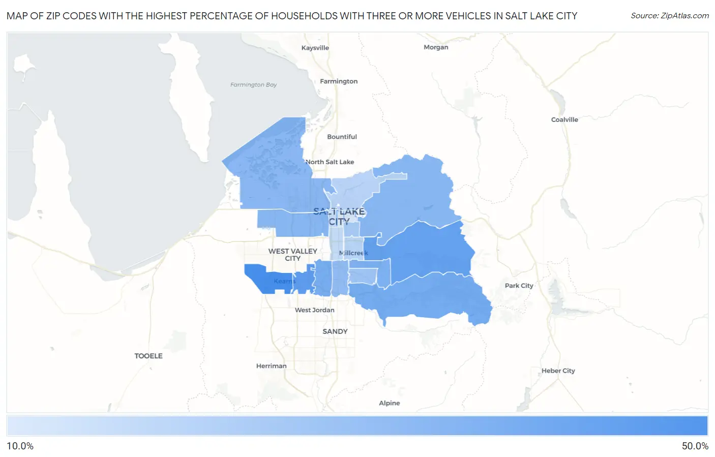 Zip Codes with the Highest Percentage of Households With Three or more Vehicles in Salt Lake City Map