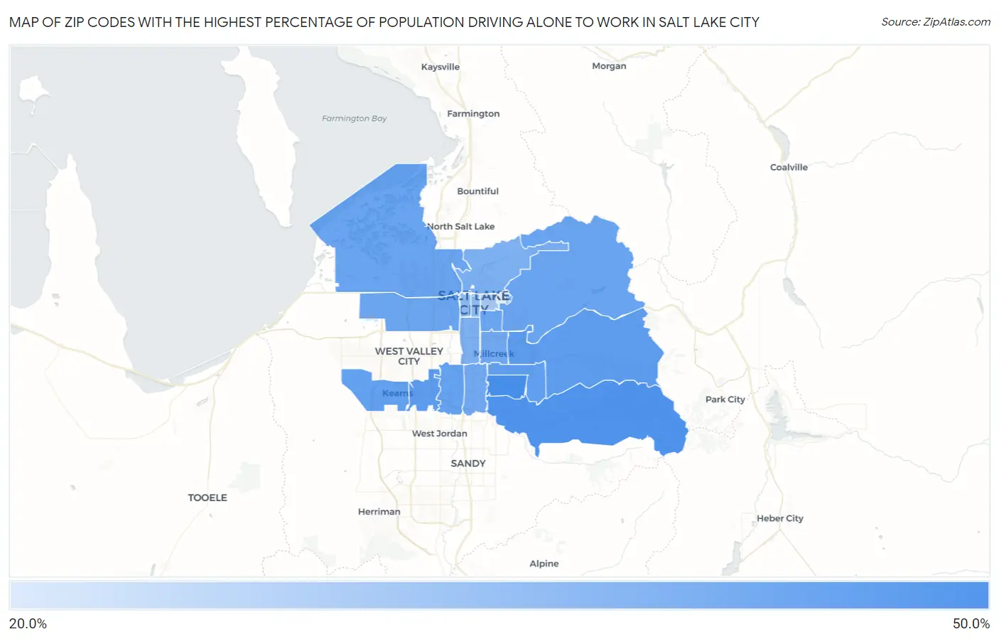 Zip Codes with the Highest Percentage of Population Driving Alone to Work in Salt Lake City Map