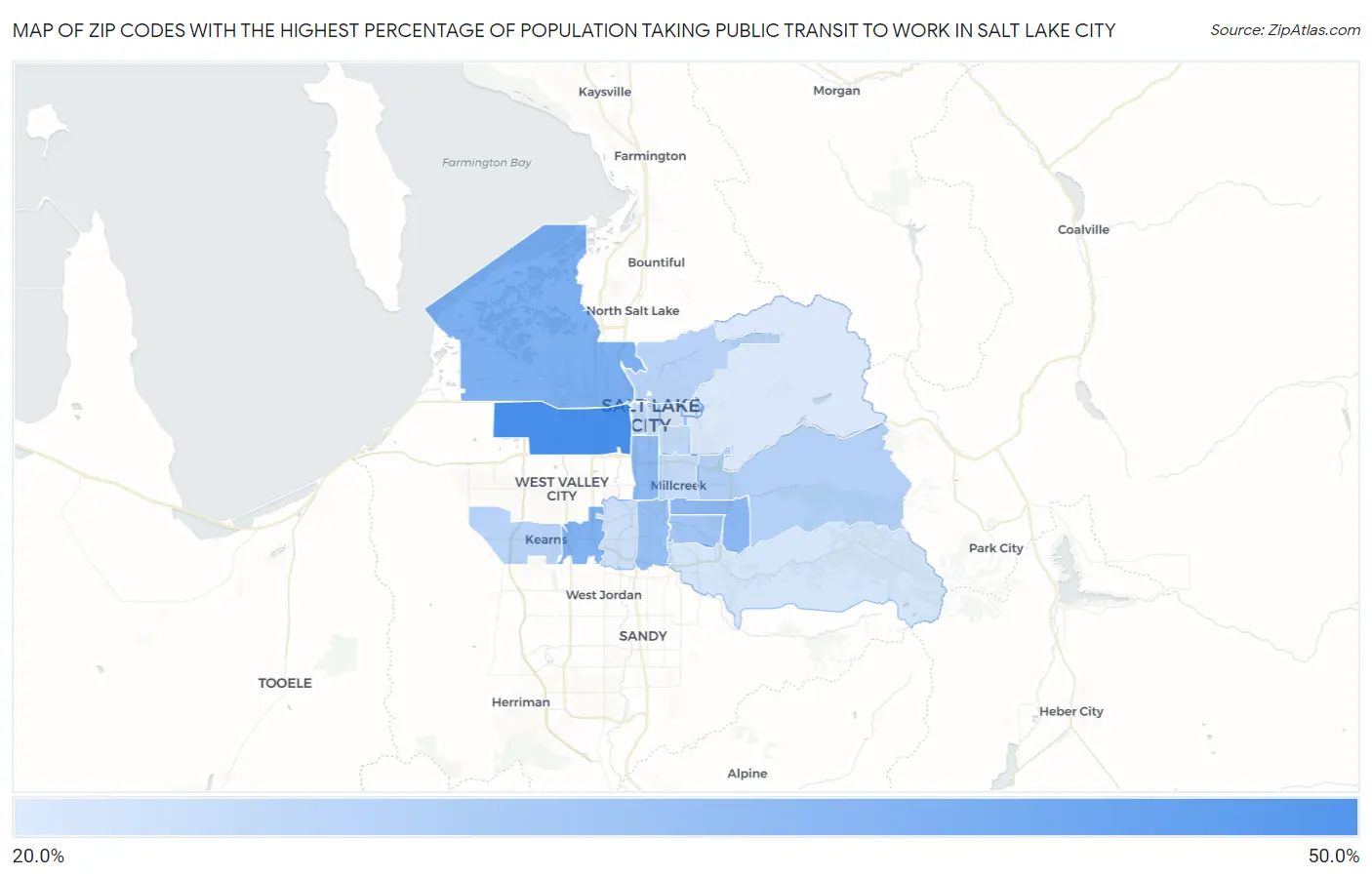 Zip Codes with the Highest Percentage of Population Taking Public Transit to Work in Salt Lake City Map