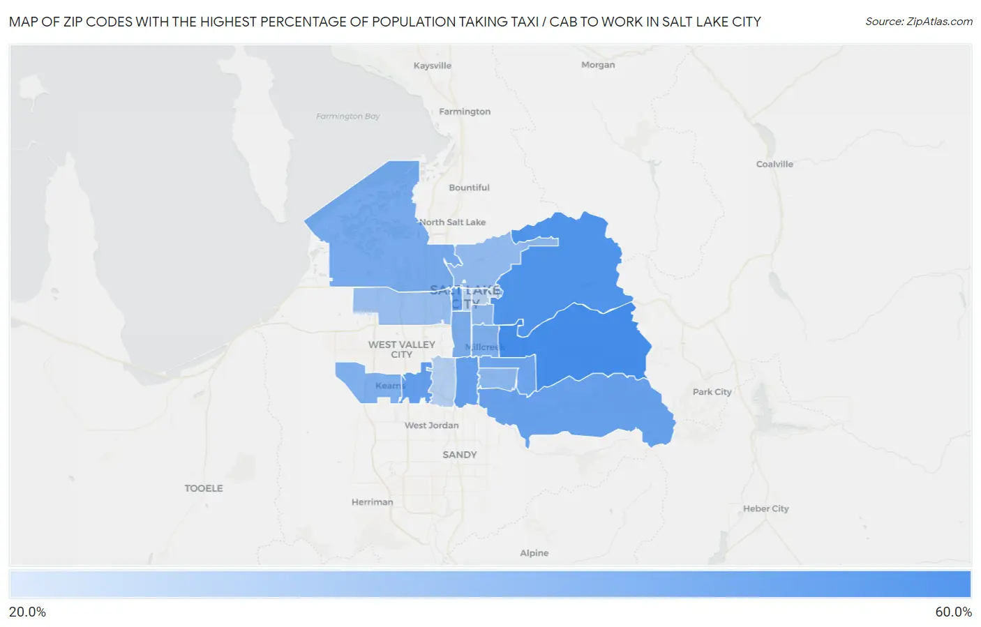 Zip Codes with the Highest Percentage of Population Taking Taxi / Cab to Work in Salt Lake City Map
