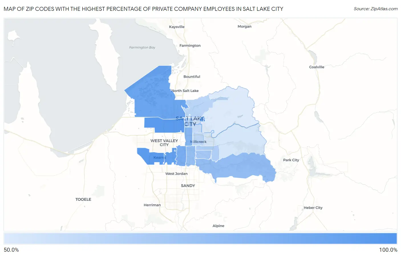Zip Codes with the Highest Percentage of Private Company Employees in Salt Lake City Map