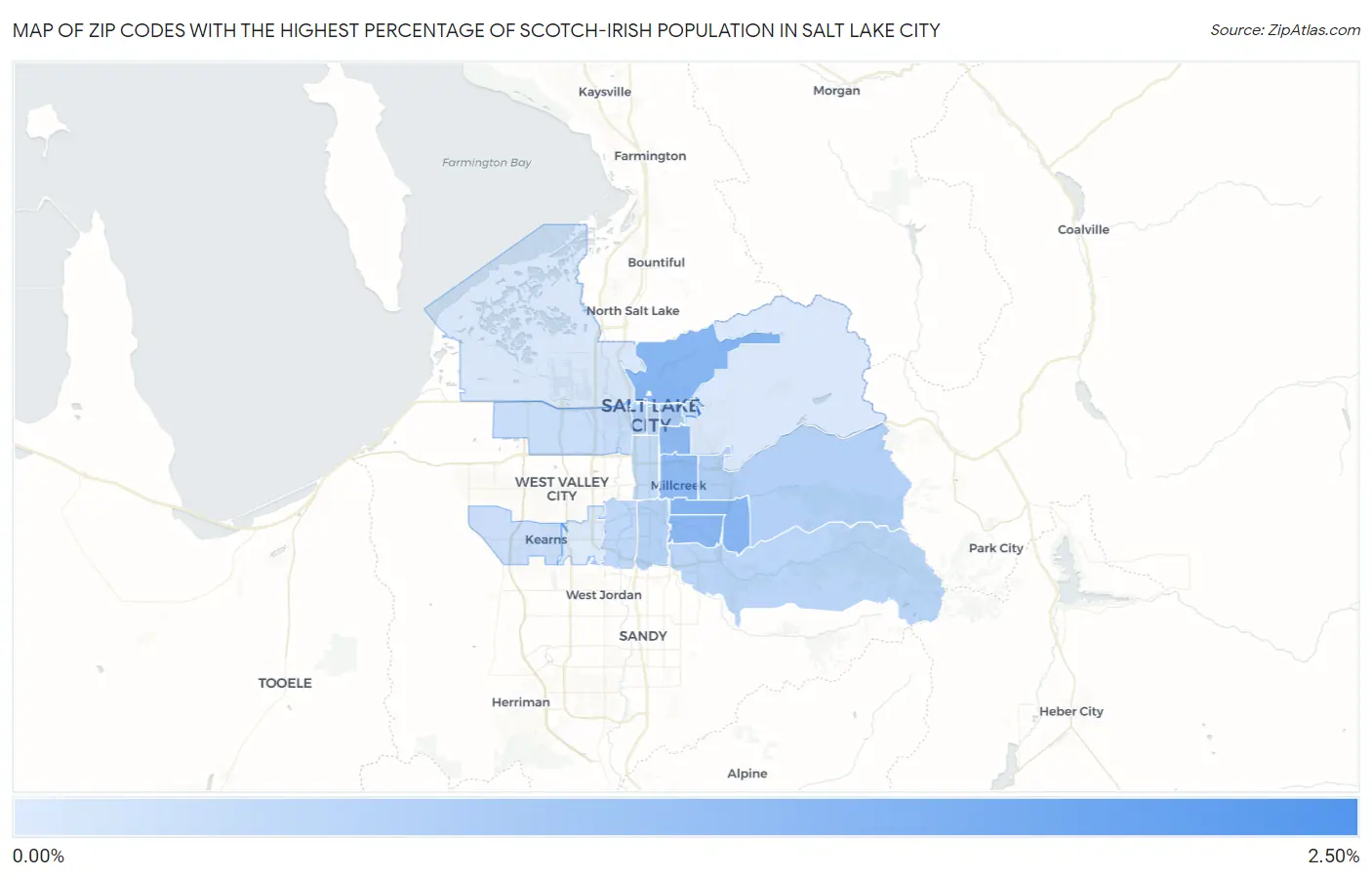 Zip Codes with the Highest Percentage of Scotch-Irish Population in Salt Lake City Map