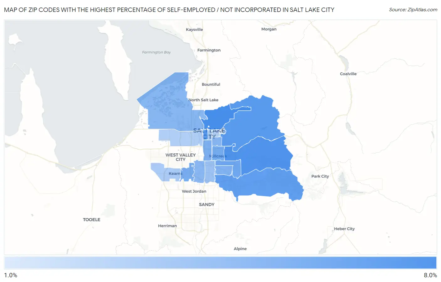 Zip Codes with the Highest Percentage of Self-Employed / Not Incorporated in Salt Lake City Map