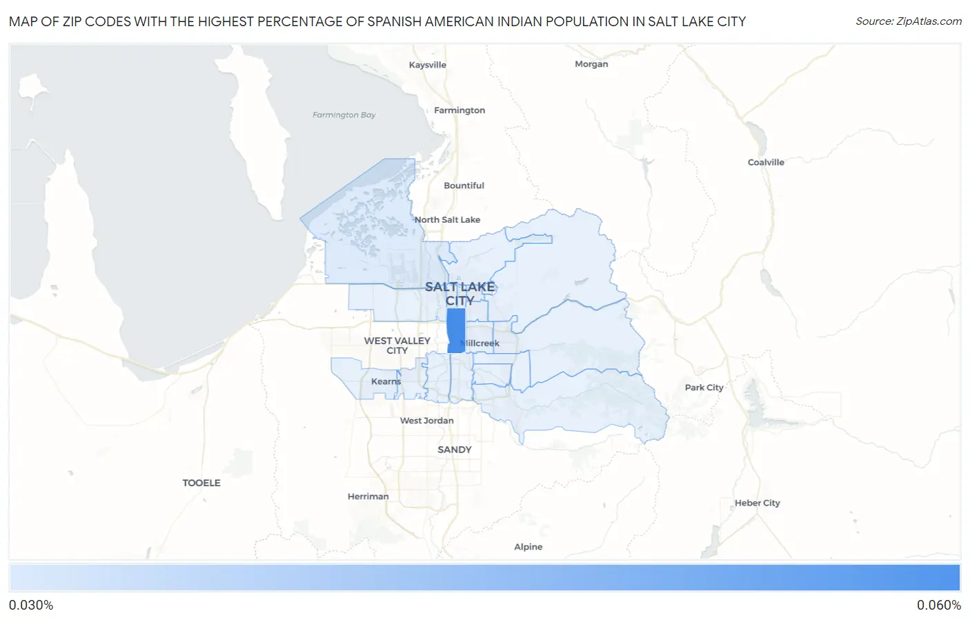 Zip Codes with the Highest Percentage of Spanish American Indian Population in Salt Lake City Map