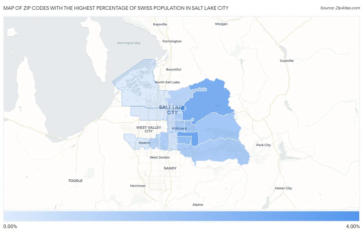 Zip Codes with the Highest Percentage of Swiss Population in Salt Lake City Map