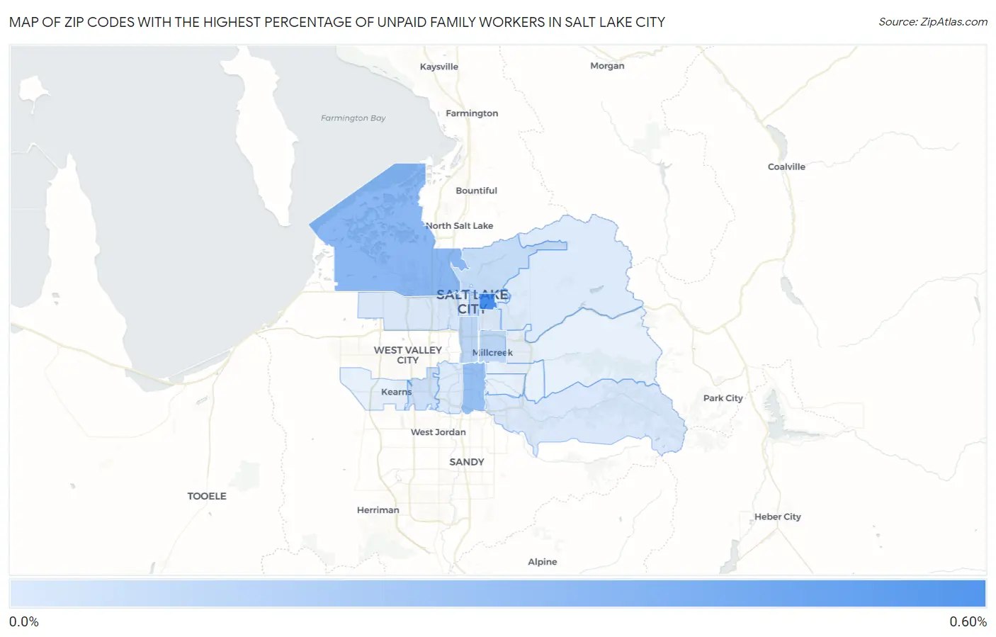 Zip Codes with the Highest Percentage of Unpaid Family Workers in Salt Lake City Map