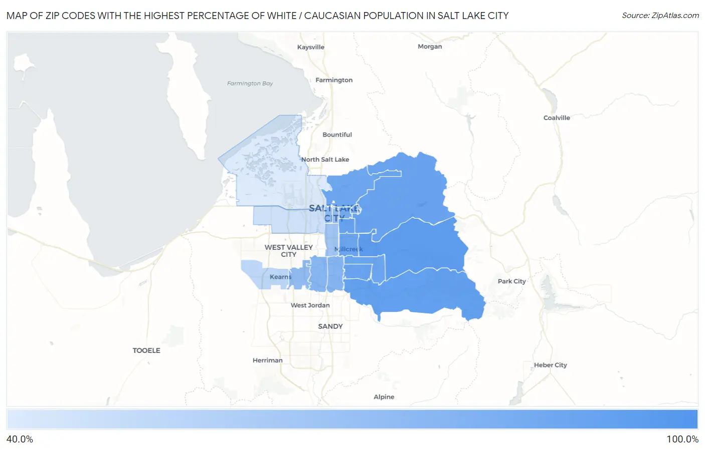 Zip Codes with the Highest Percentage of White / Caucasian Population in Salt Lake City Map