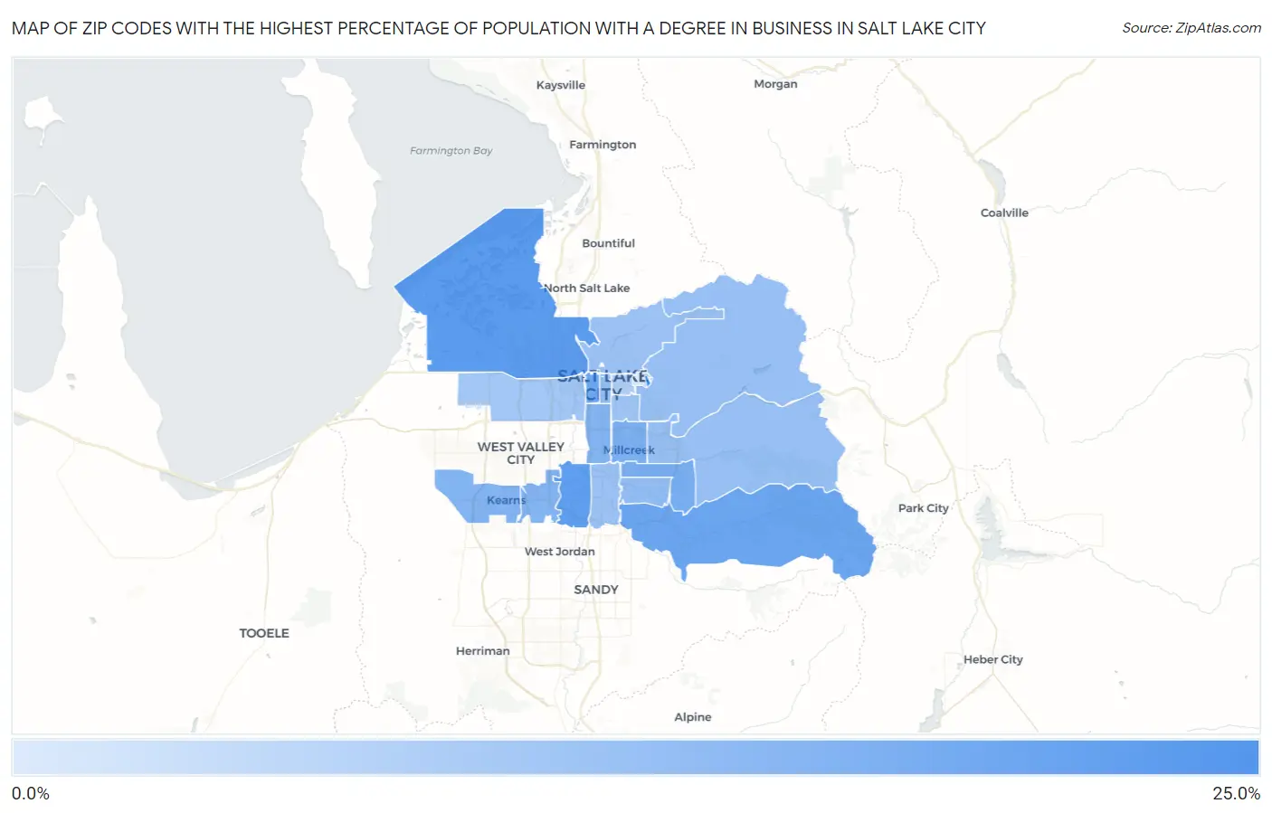 Zip Codes with the Highest Percentage of Population with a Degree in Business in Salt Lake City Map