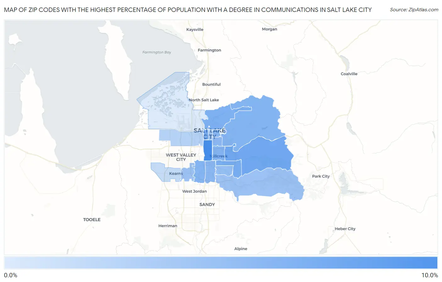 Zip Codes with the Highest Percentage of Population with a Degree in Communications in Salt Lake City Map