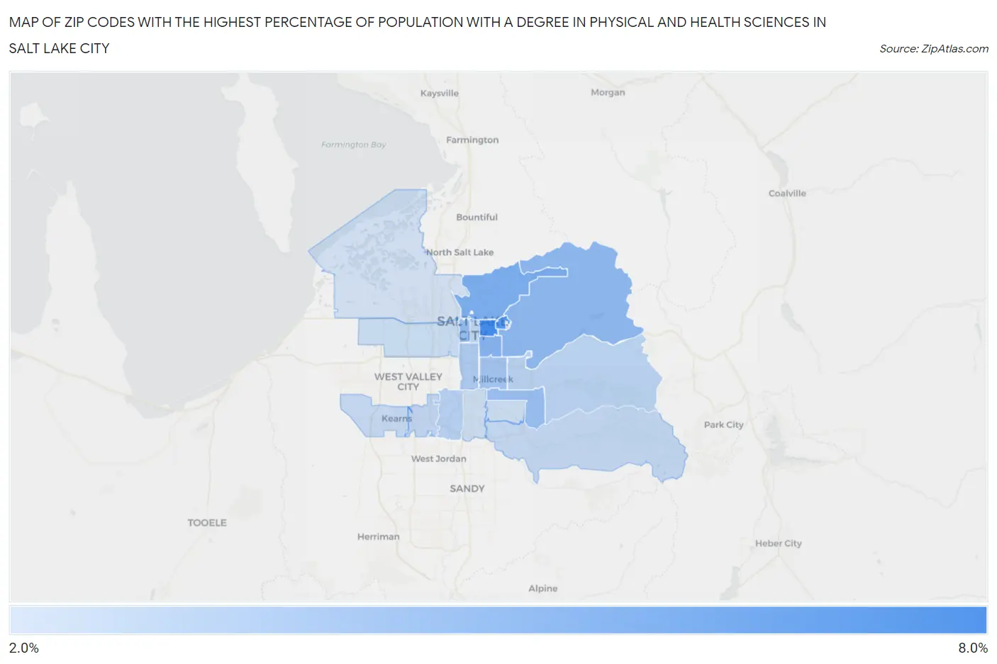 Zip Codes with the Highest Percentage of Population with a Degree in Physical and Health Sciences in Salt Lake City Map