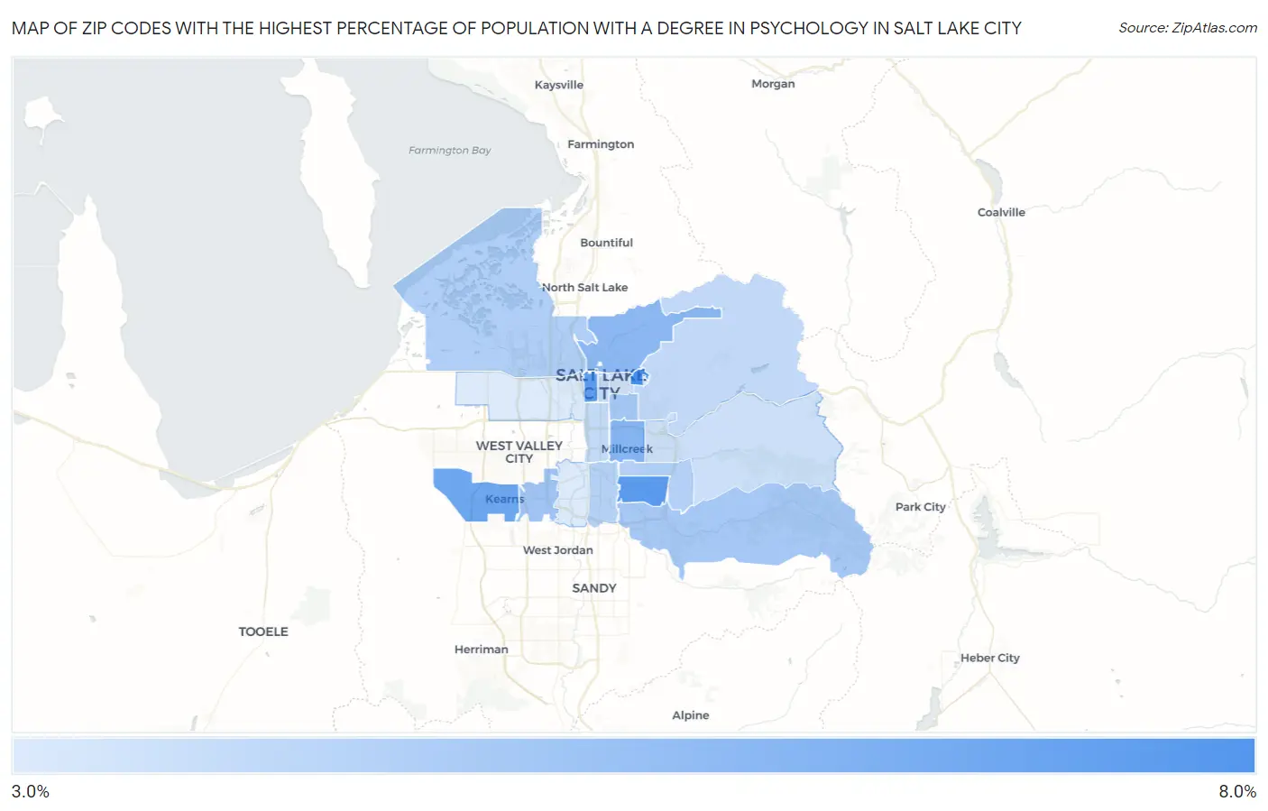 Zip Codes with the Highest Percentage of Population with a Degree in Psychology in Salt Lake City Map