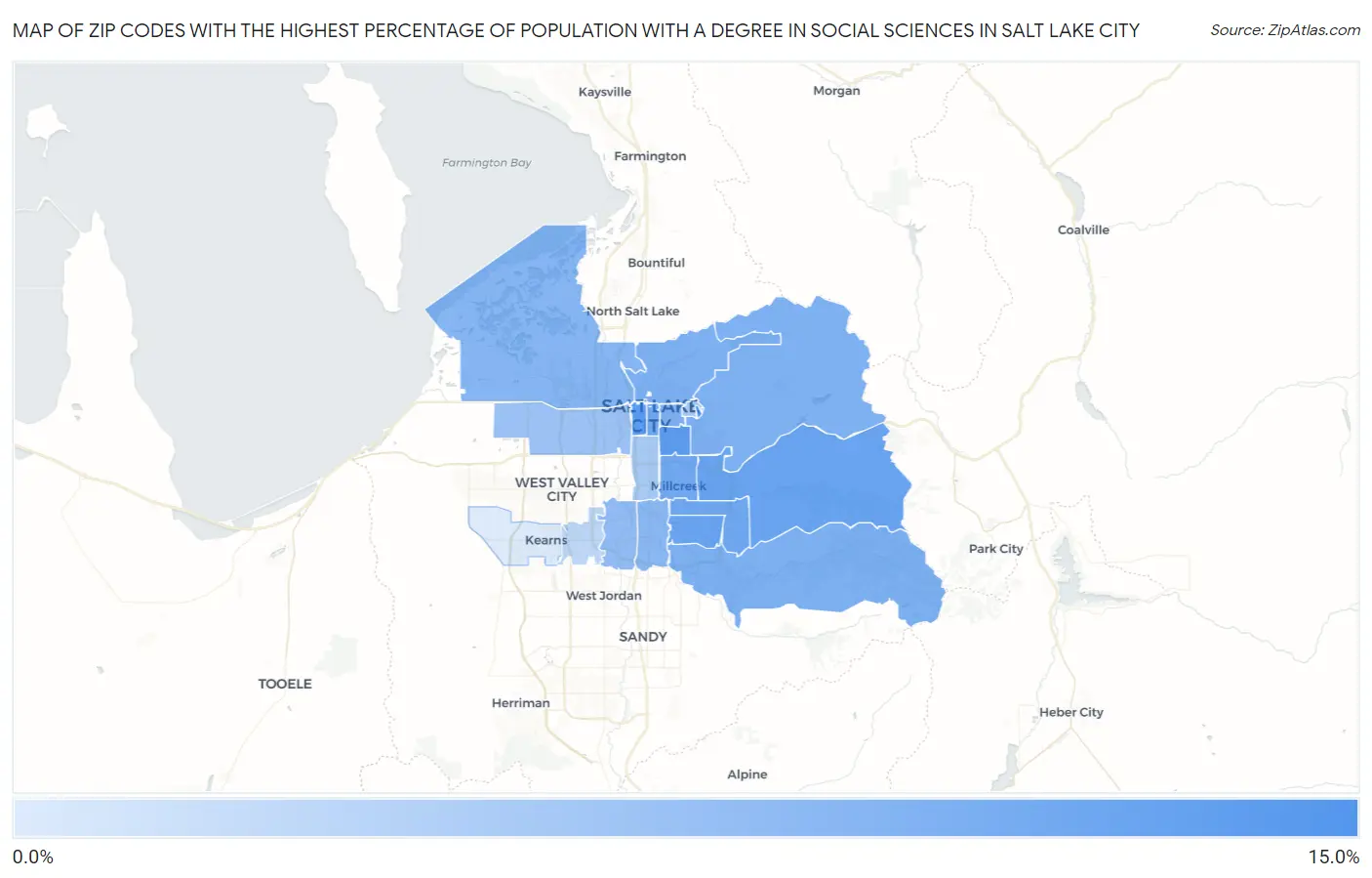 Zip Codes with the Highest Percentage of Population with a Degree in Social Sciences in Salt Lake City Map