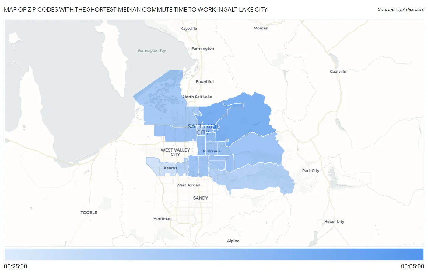 Zip Codes with the Shortest Median Commute Time to Work in Salt Lake City Map