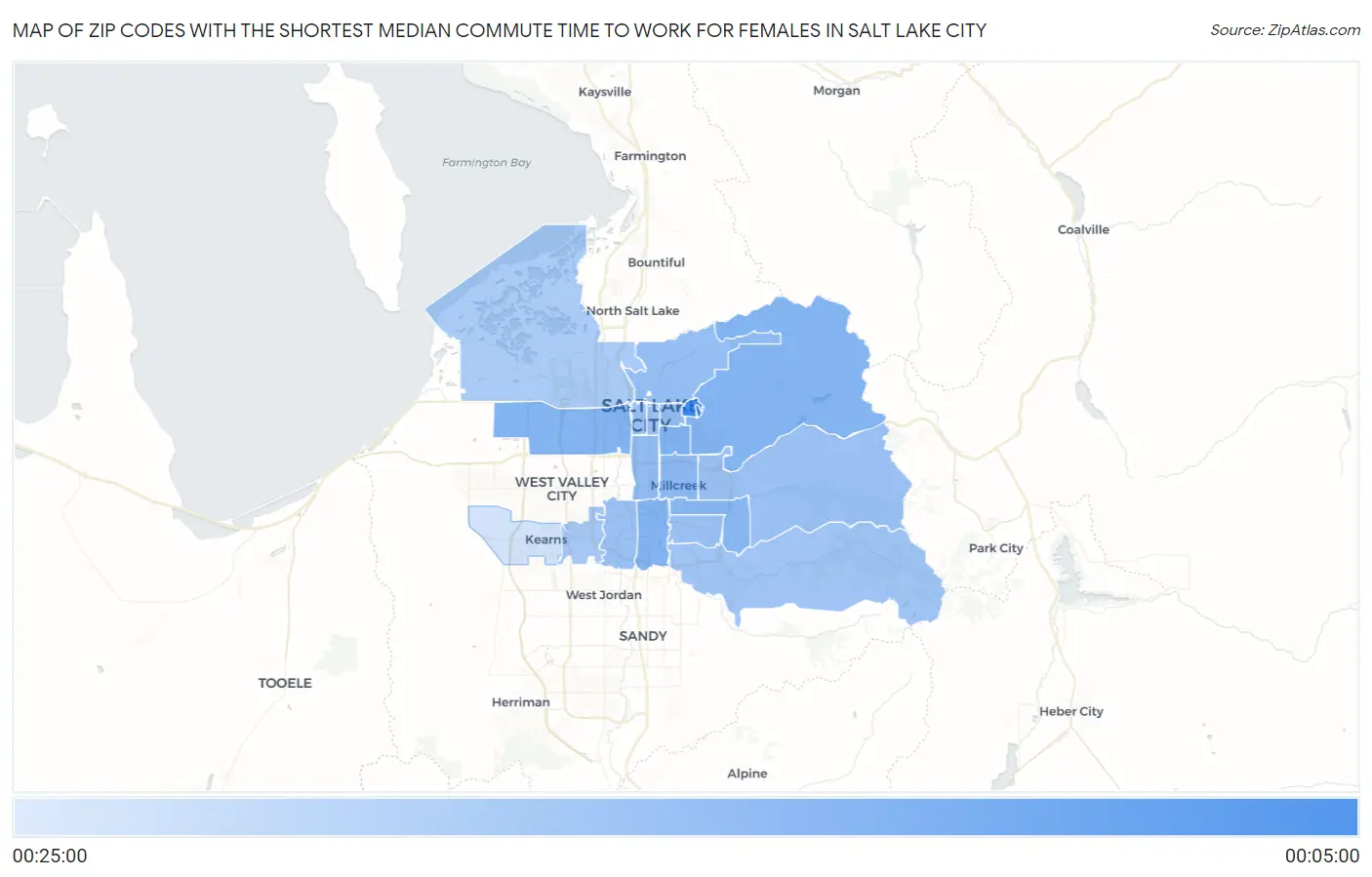 Zip Codes with the Shortest Median Commute Time to Work for Females in Salt Lake City Map