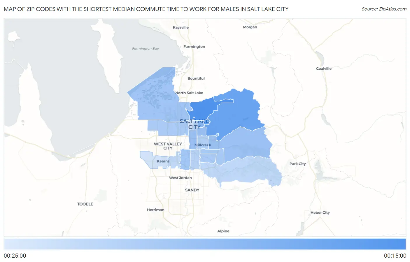 Zip Codes with the Shortest Median Commute Time to Work for Males in Salt Lake City Map