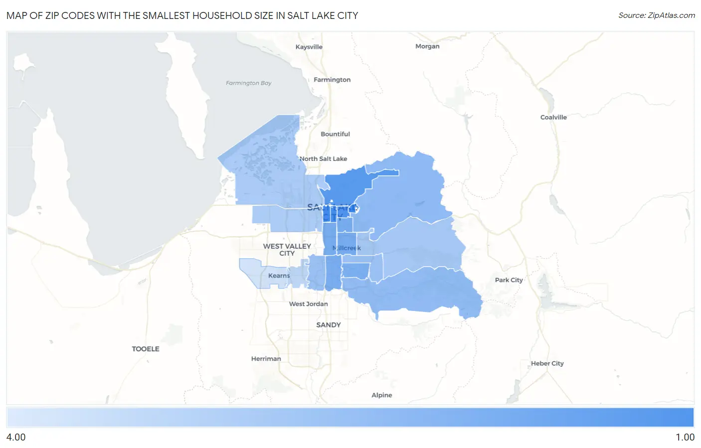 Zip Codes with the Smallest Household Size in Salt Lake City Map