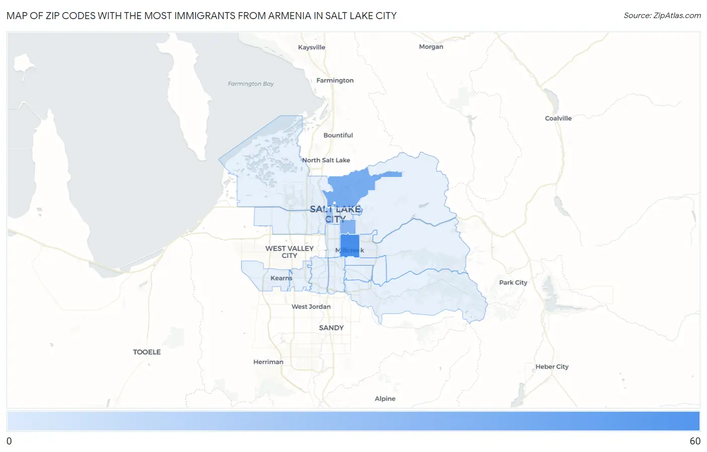 Zip Codes with the Most Immigrants from Armenia in Salt Lake City Map