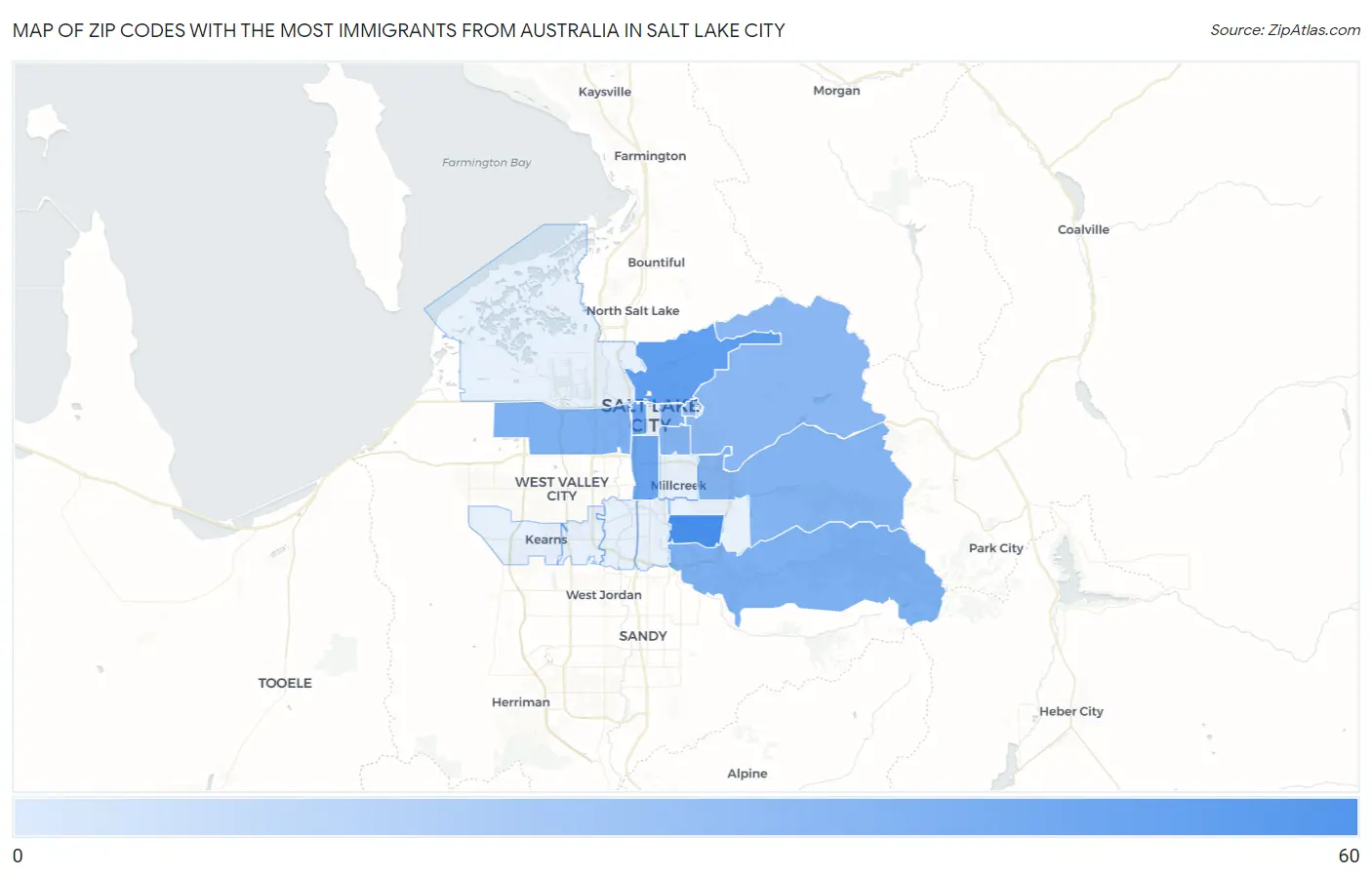 Zip Codes with the Most Immigrants from Australia in Salt Lake City Map