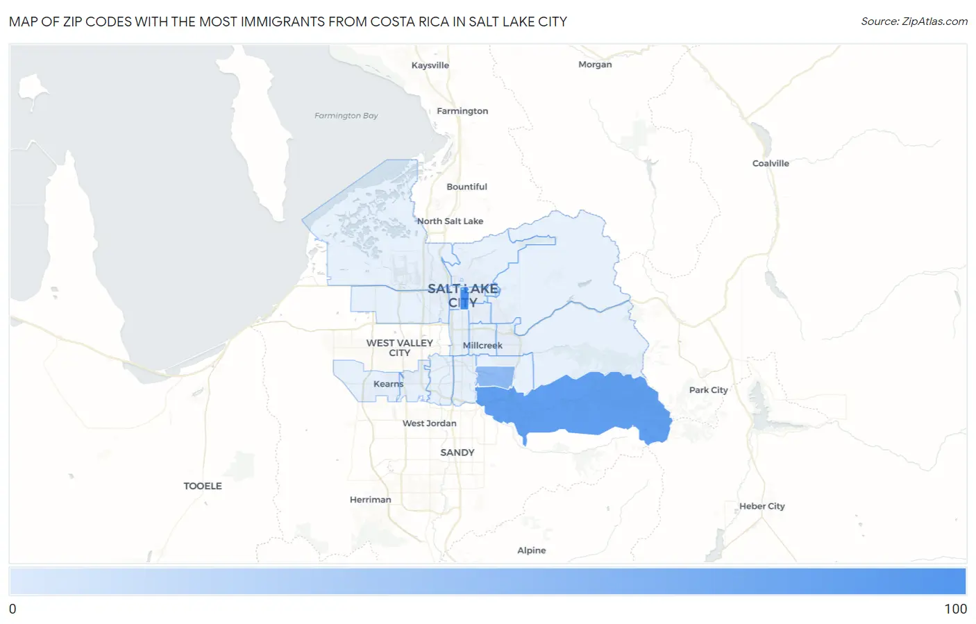Zip Codes with the Most Immigrants from Costa Rica in Salt Lake City Map