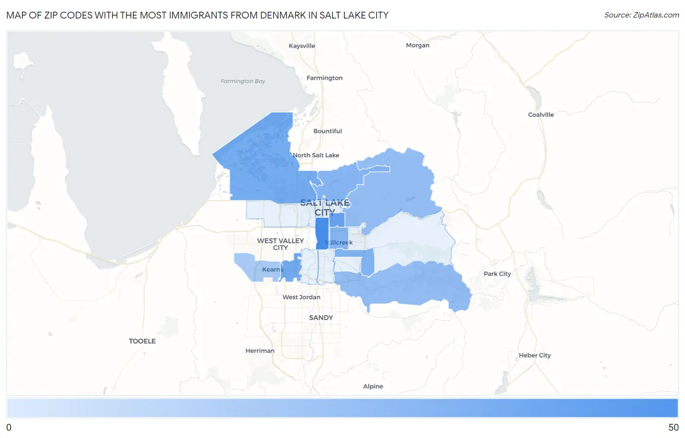 Zip Codes with the Most Immigrants from Denmark in Salt Lake City Map