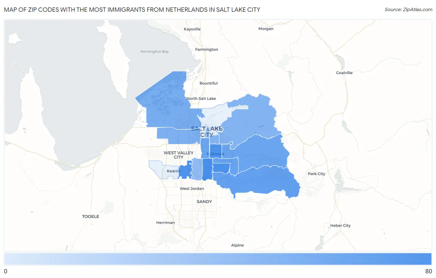 Zip Codes with the Most Immigrants from Netherlands in Salt Lake City Map