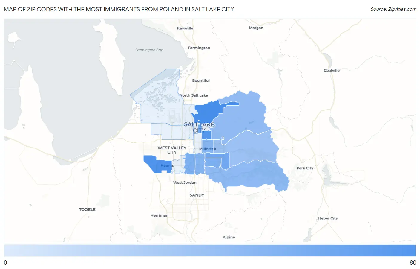 Zip Codes with the Most Immigrants from Poland in Salt Lake City Map