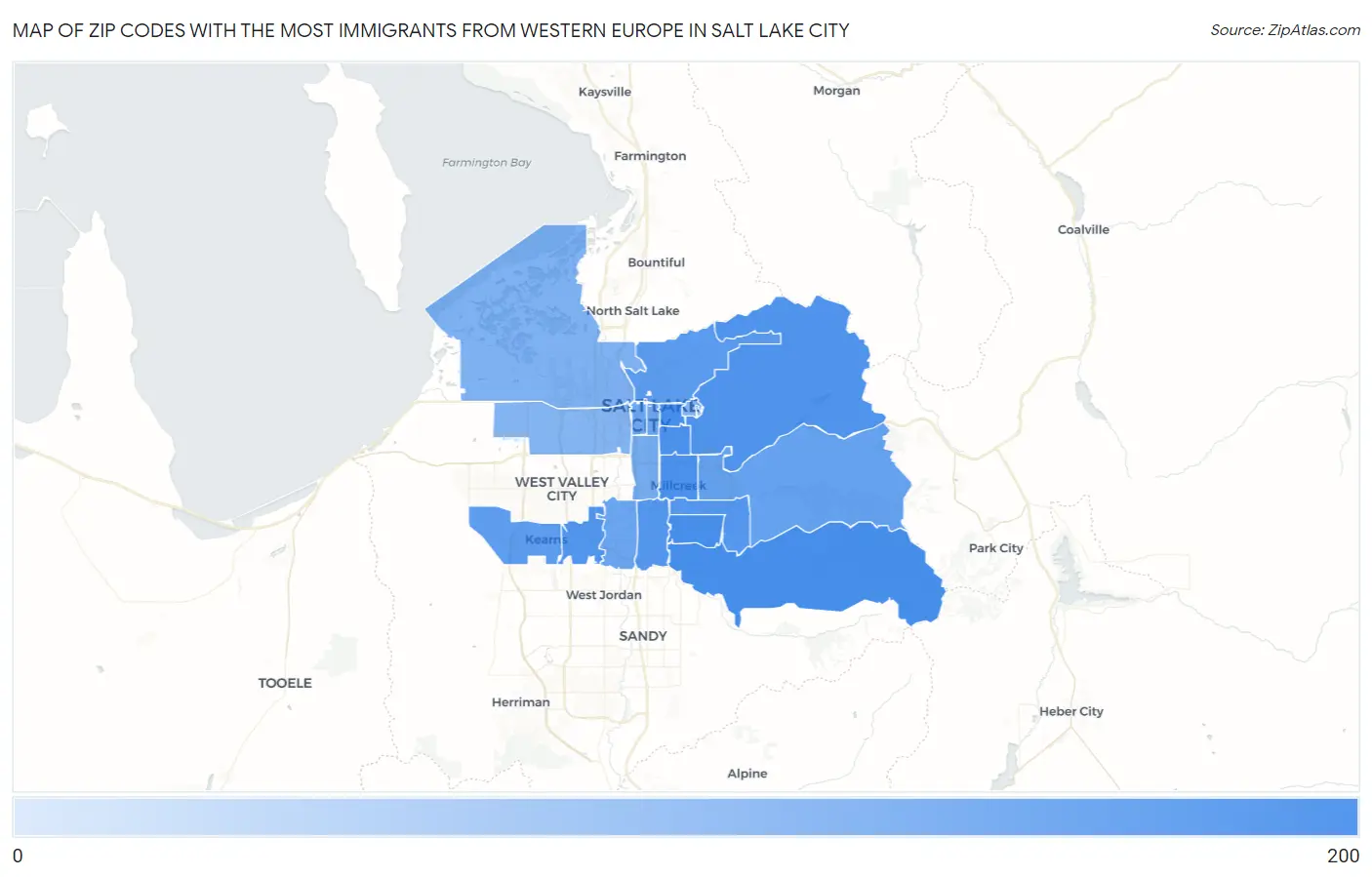 Zip Codes with the Most Immigrants from Western Europe in Salt Lake City Map
