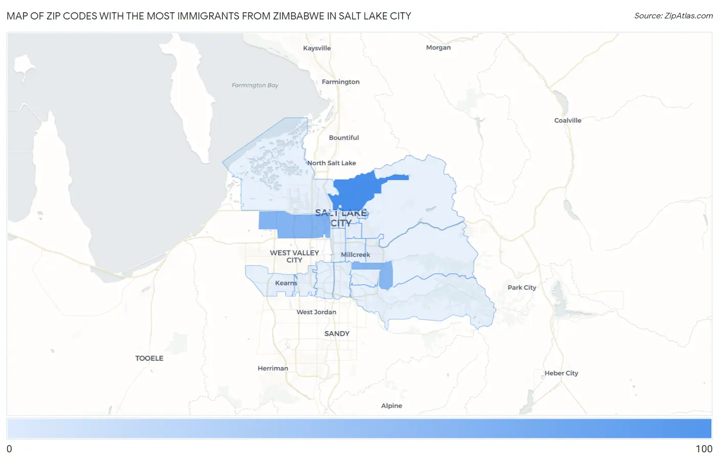 Zip Codes with the Most Immigrants from Zimbabwe in Salt Lake City Map