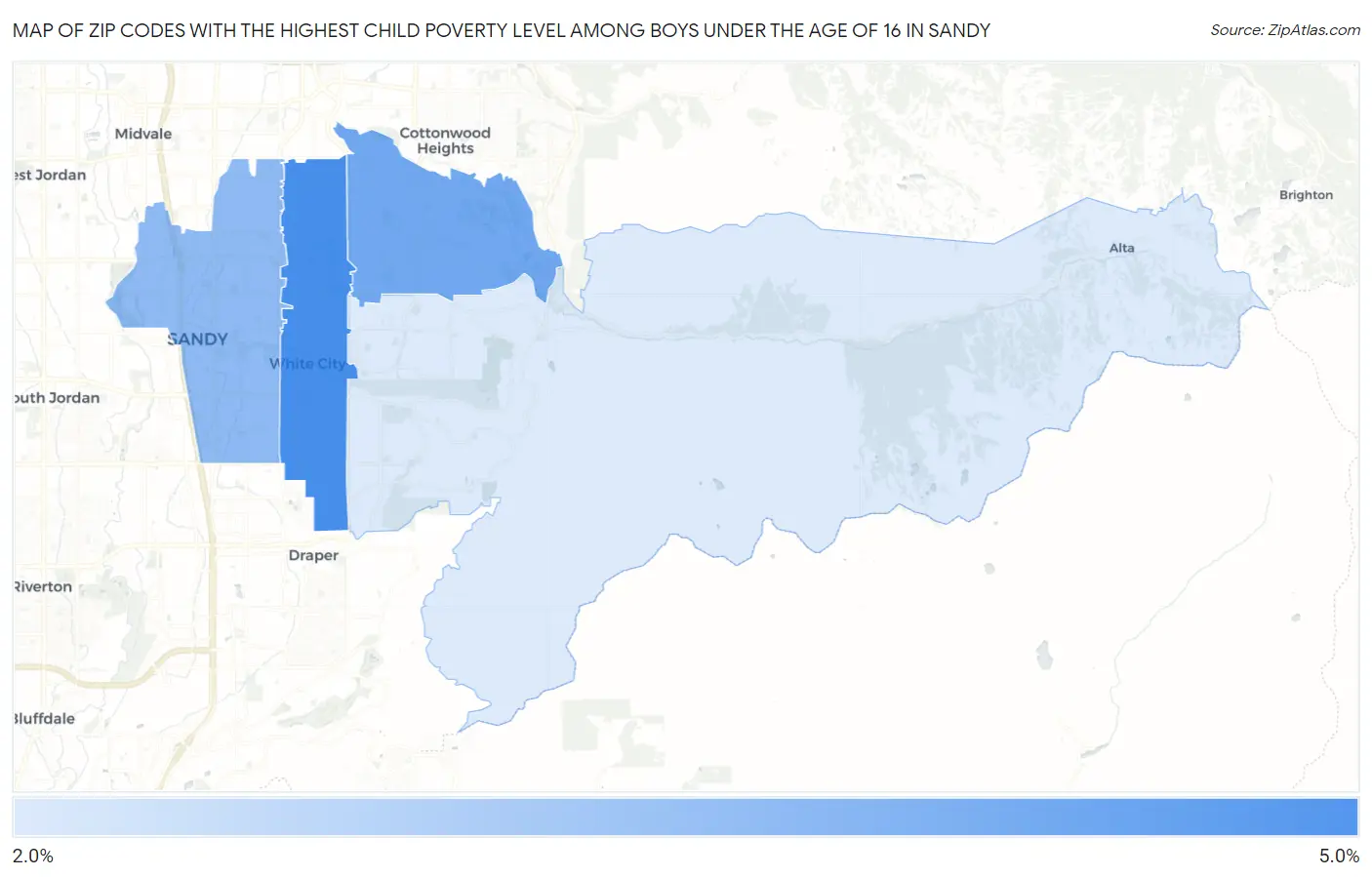 Zip Codes with the Highest Child Poverty Level Among Boys Under the Age of 16 in Sandy Map