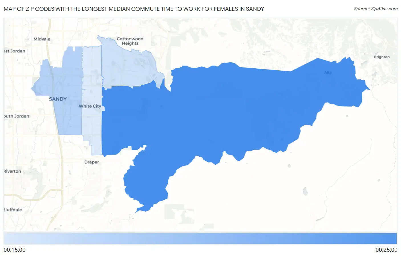 Zip Codes with the Longest Median Commute Time to Work for Females in Sandy Map