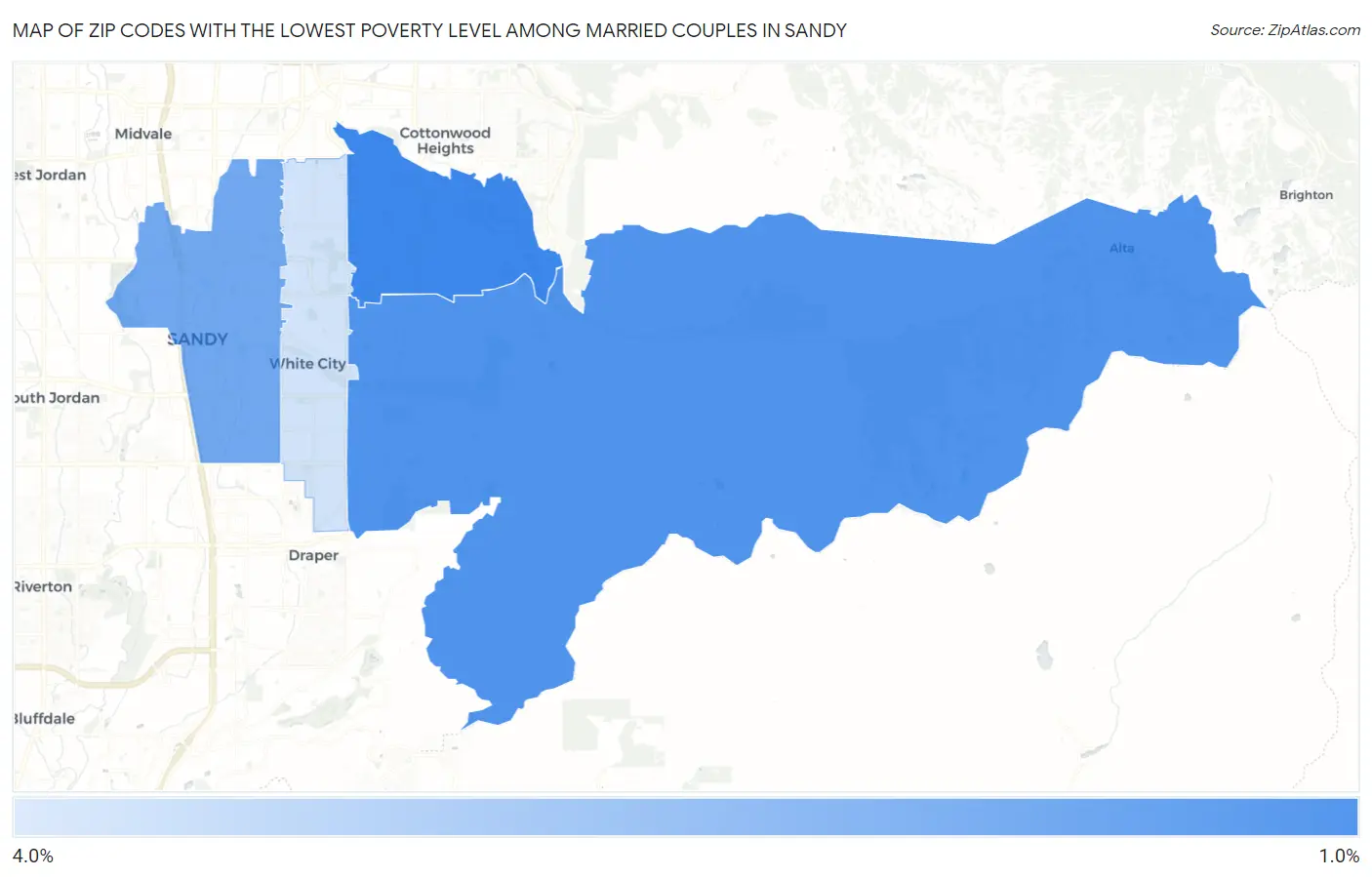 Zip Codes with the Lowest Poverty Level Among Married Couples in Sandy Map