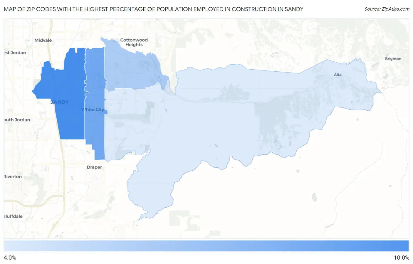 Zip Codes with the Highest Percentage of Population Employed in Construction in Sandy Map
