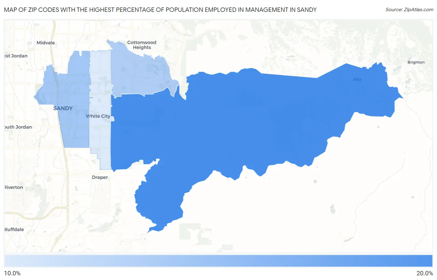 Zip Codes with the Highest Percentage of Population Employed in Management in Sandy Map
