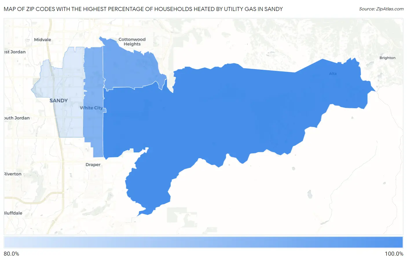 Zip Codes with the Highest Percentage of Households Heated by Utility Gas in Sandy Map