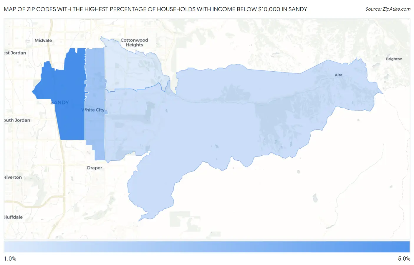 Zip Codes with the Highest Percentage of Households with Income Below $10,000 in Sandy Map