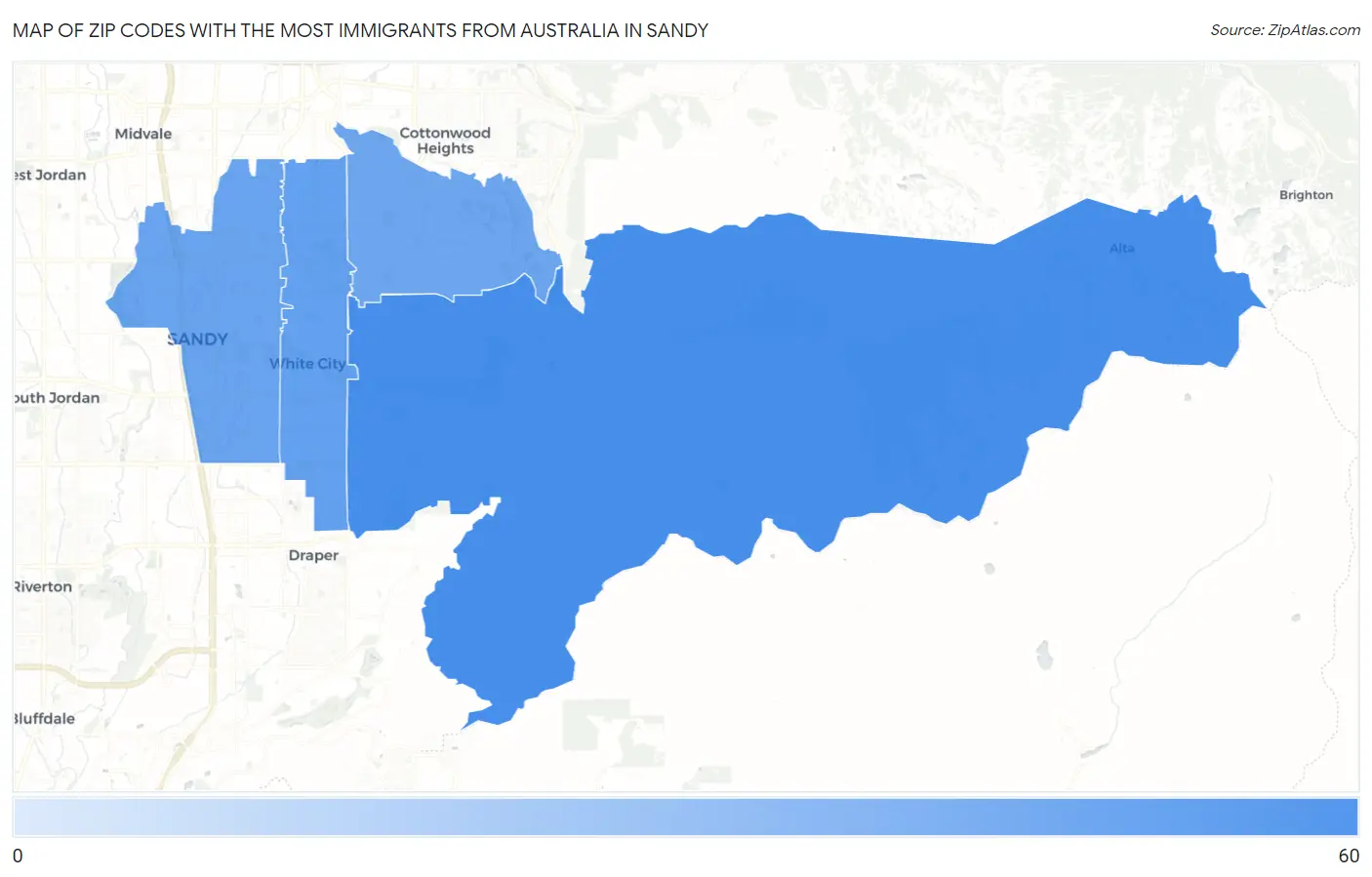 Zip Codes with the Most Immigrants from Australia in Sandy Map