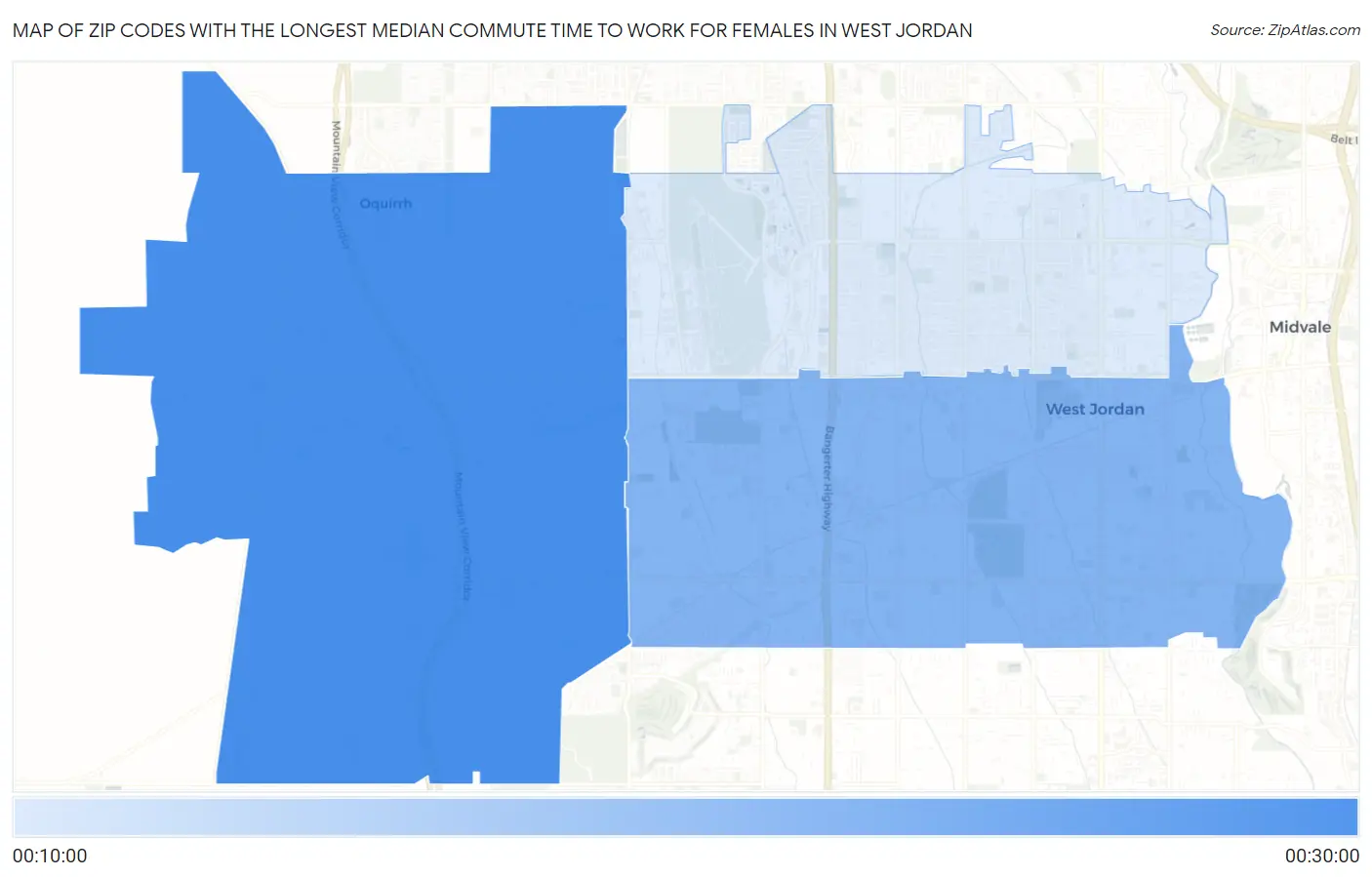 Zip Codes with the Longest Median Commute Time to Work for Females in West Jordan Map