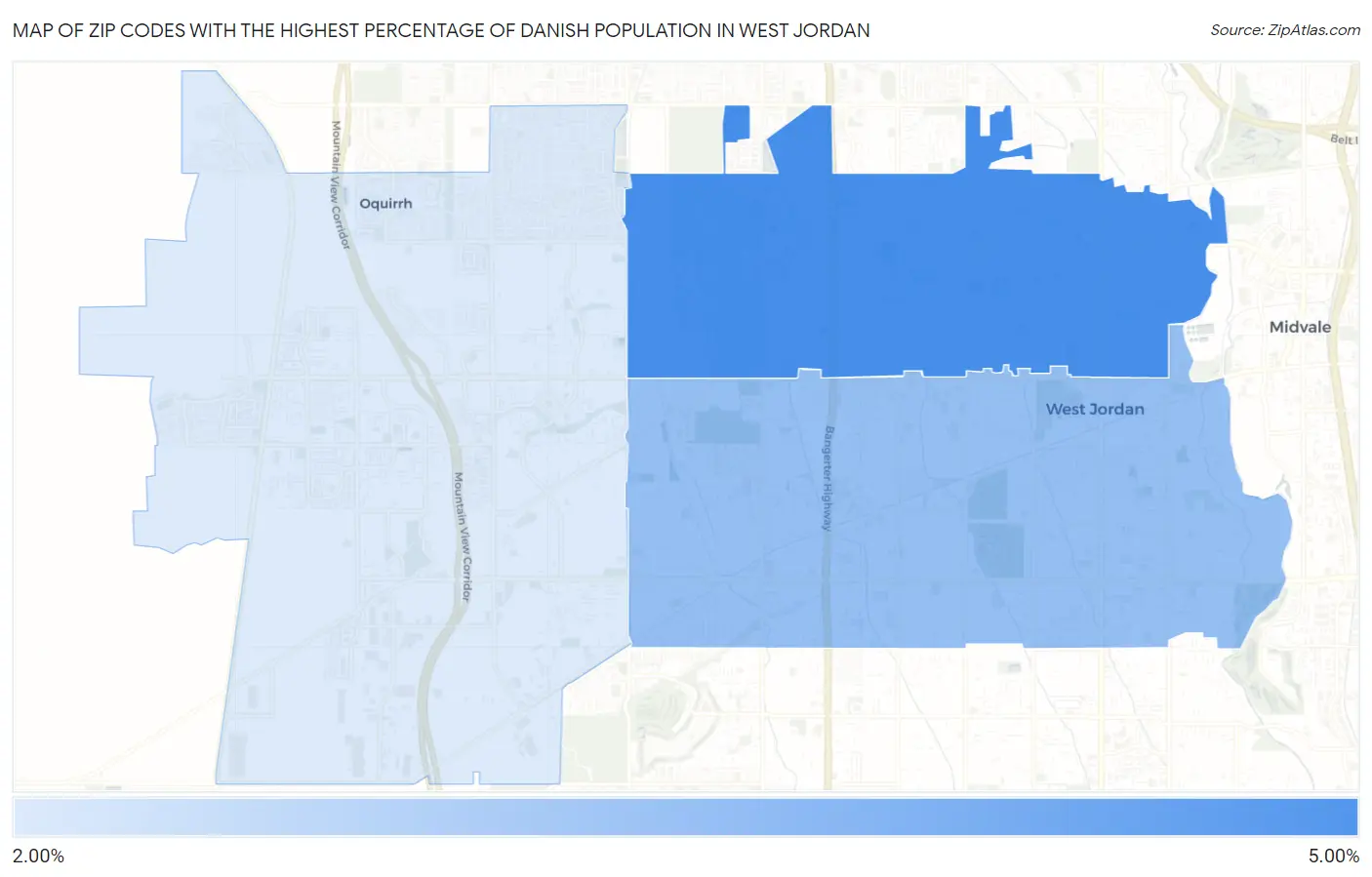 Zip Codes with the Highest Percentage of Danish Population in West Jordan Map