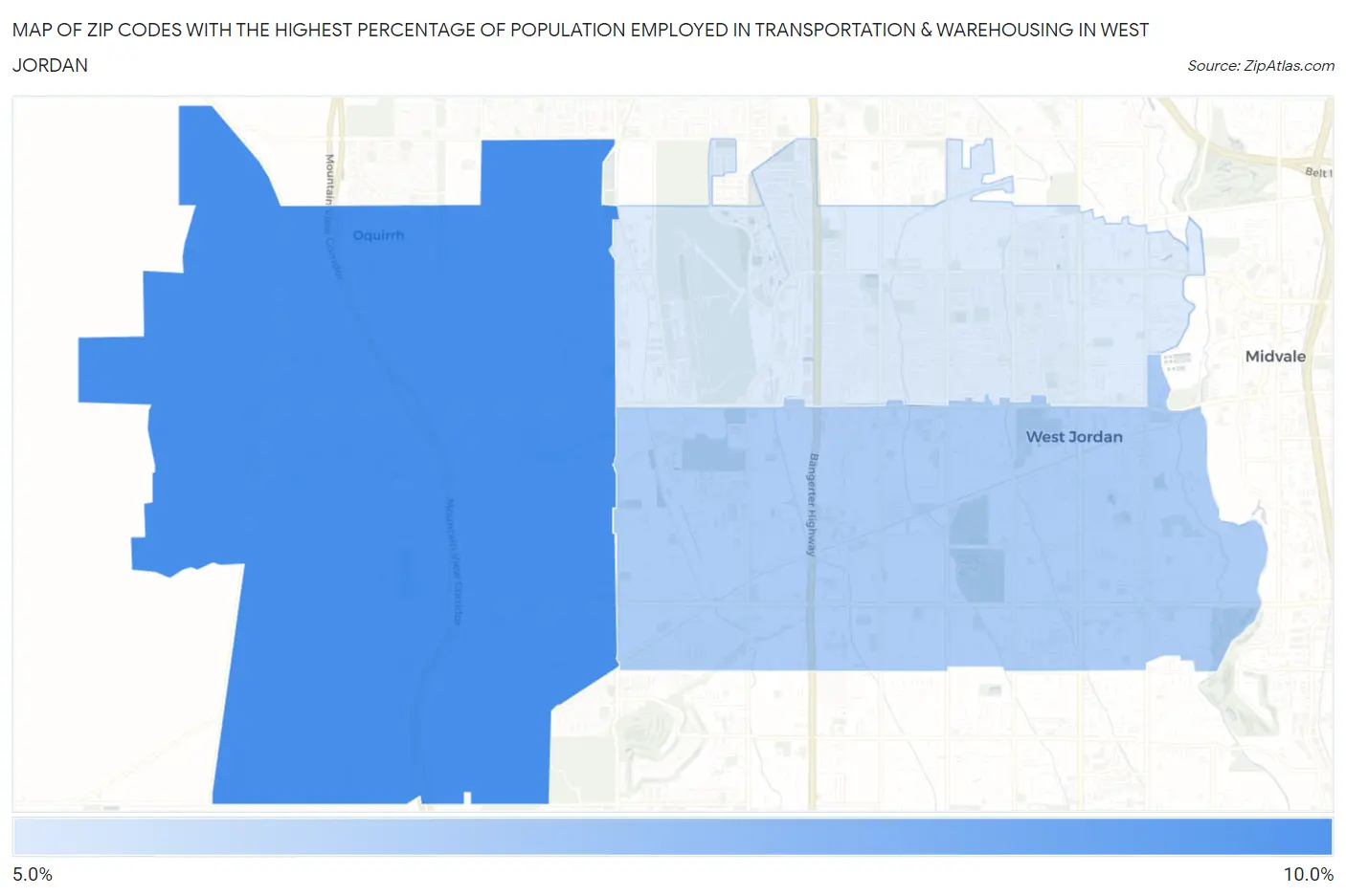 Zip Codes with the Highest Percentage of Population Employed in Transportation & Warehousing in West Jordan Map