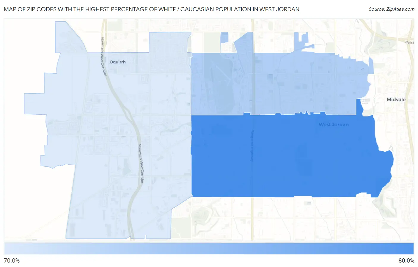 Zip Codes with the Highest Percentage of White / Caucasian Population in West Jordan Map