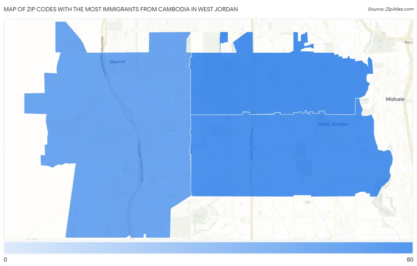 Zip Codes with the Most Immigrants from Cambodia in West Jordan Map