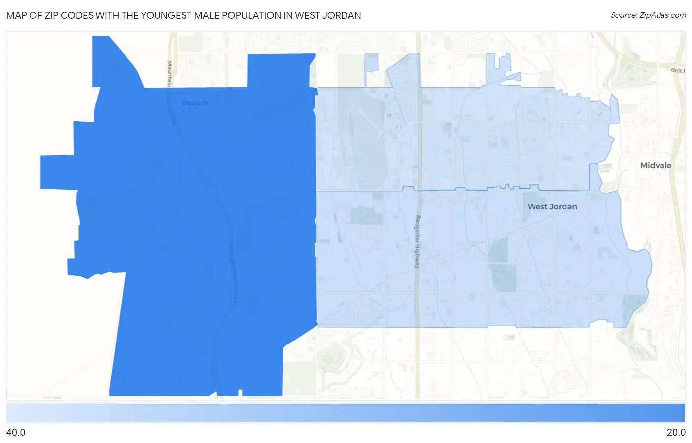 Zip Codes with the Youngest Male Population in West Jordan Map