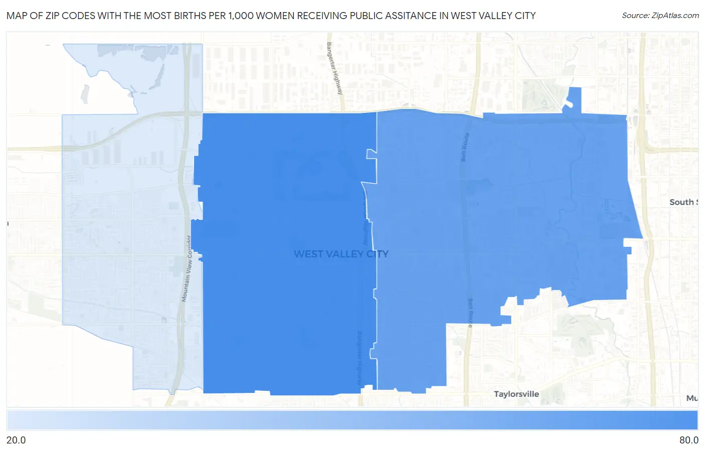 Zip Codes with the Most Births per 1,000 Women Receiving Public Assitance in West Valley City Map