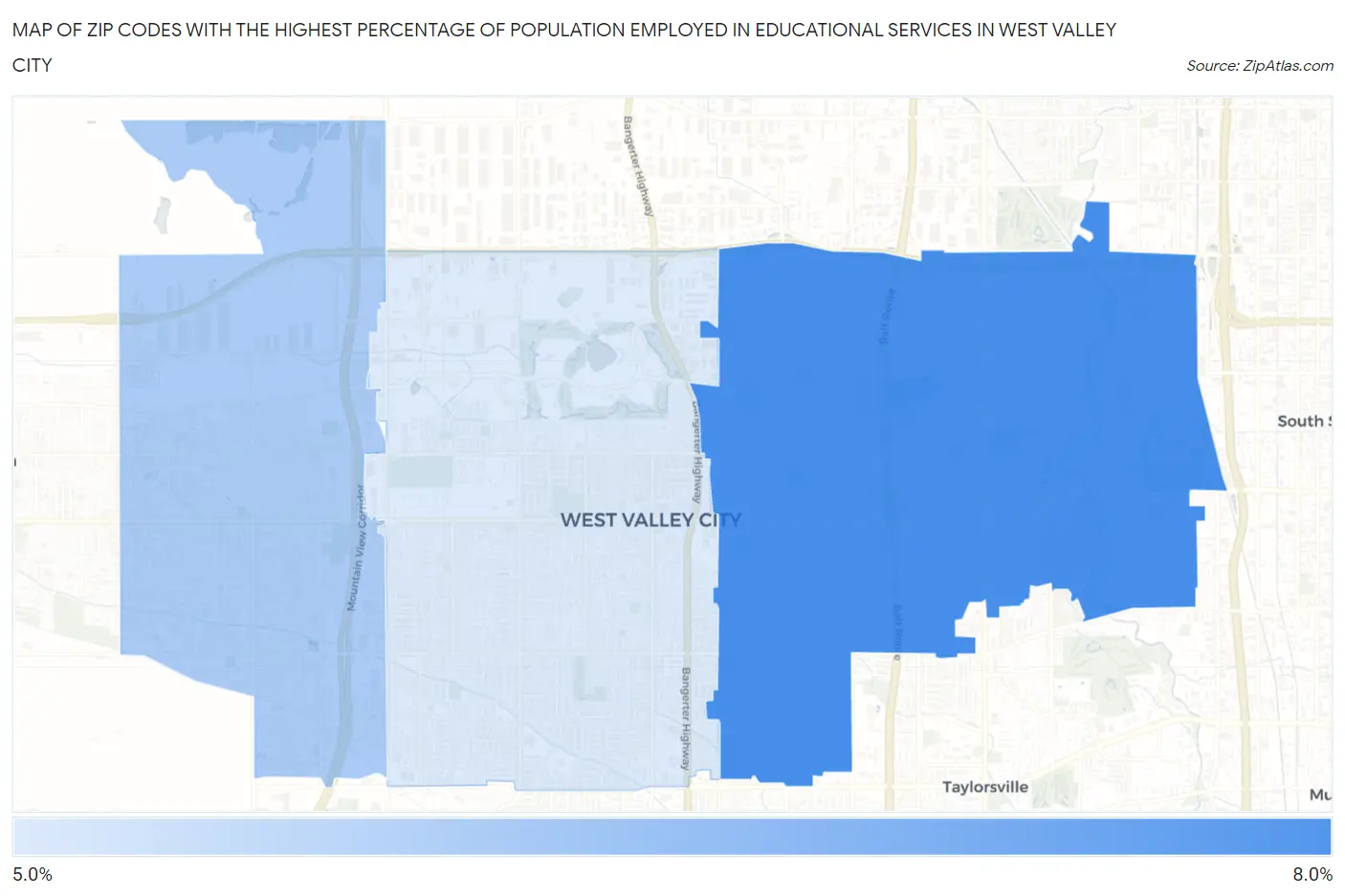 Zip Codes with the Highest Percentage of Population Employed in Educational Services in West Valley City Map